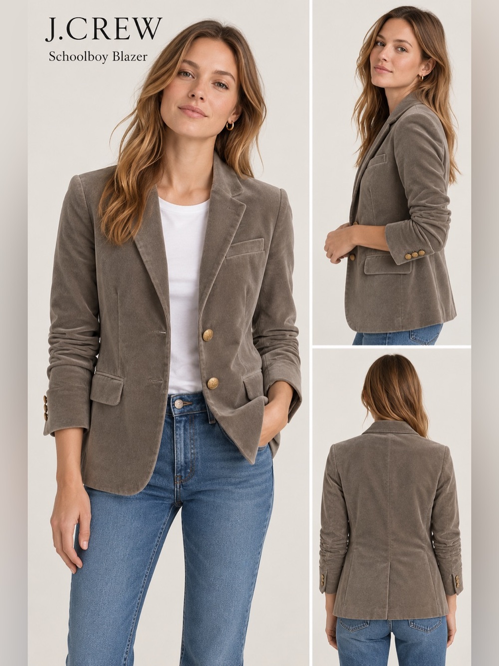 J. Crew Taupe Velvet Schoolboy Blazer with Gold Buttons